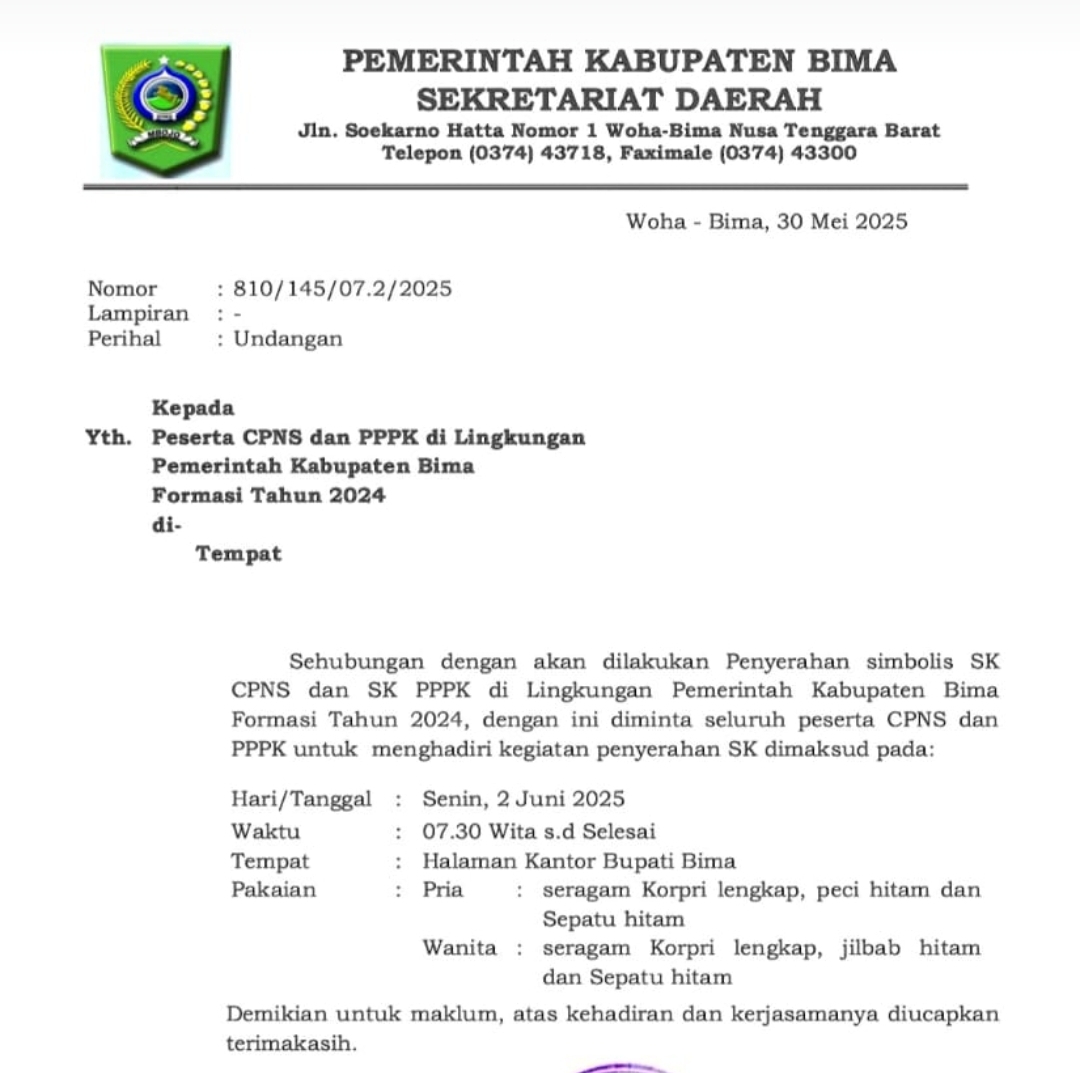 Ini Jadwal Pelantikan CPNS dan PPPK Kabupaten Bima Tahun 2025