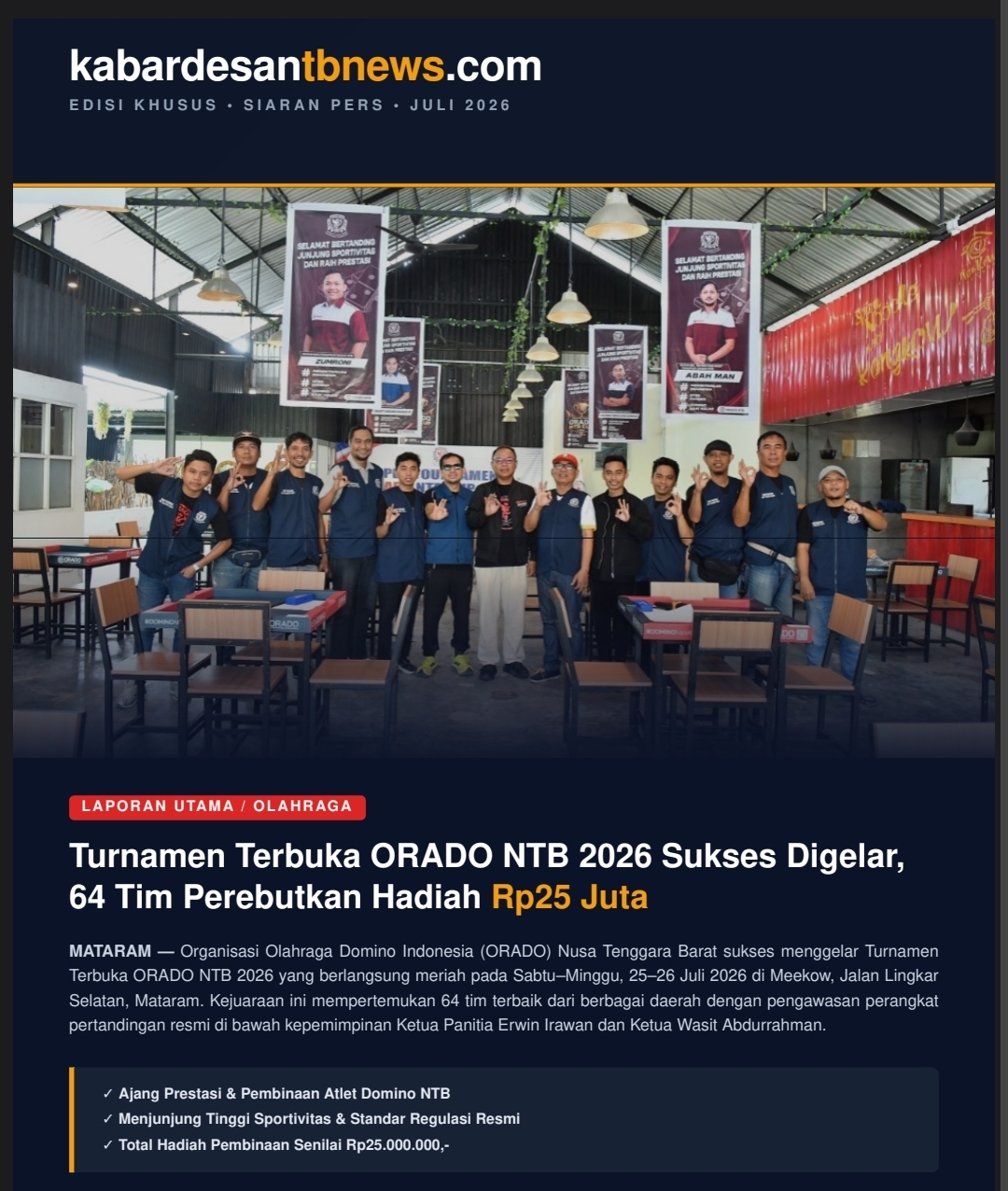 Turnamen Terbuka ORADO NTB 2026 Berlangsung Meriah, Jadi Momentum Pembinaan Atlet Domino NTB