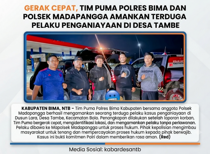 Gerak Cepat, Tim Puma Polres Bima dan Polsek Madapangga Amankan Terduga Pelaku Penganiayaan di Desa Tambe