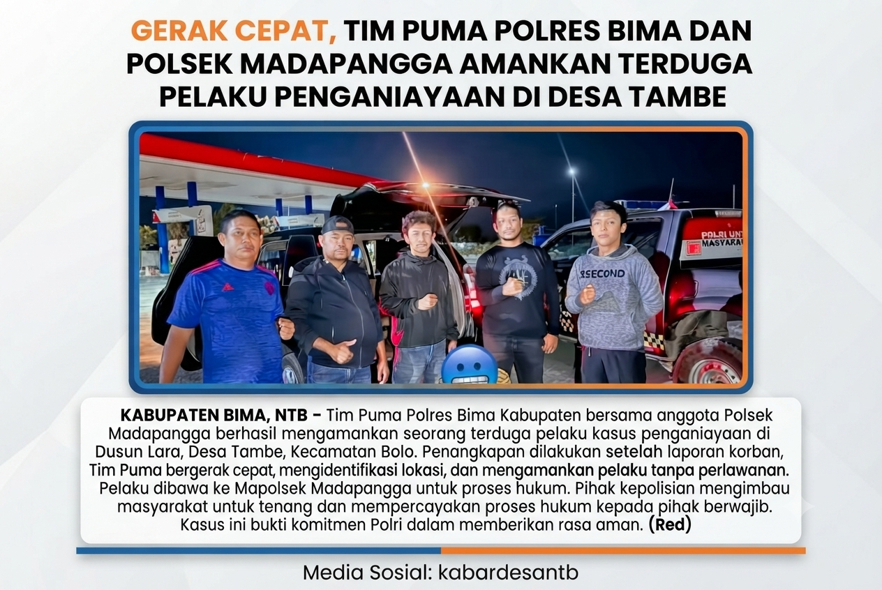 Gerak Cepat, Tim Puma Polres Bima dan Polsek Madapangga Amankan Terduga Pelaku Penganiayaan di Desa Tambe